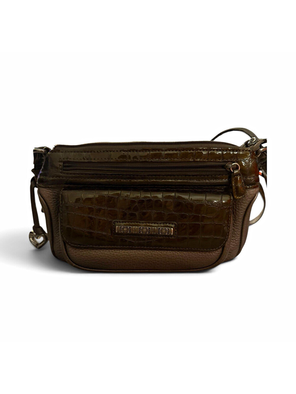 Brighton Brown Embossed Crossbody Bag Zip Closure Adjustable Strap Inner Pockets